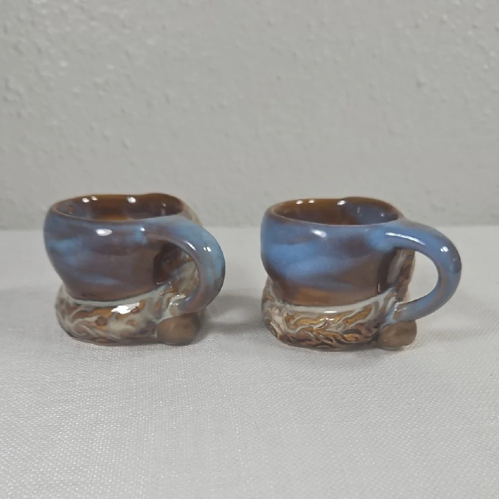 NWT Set of 2 Bohemian Brown Cream & Blue Santa Claus Ceramic Tea Light Holders